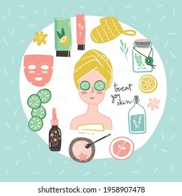 Home SPA doodle illustration, elements, a girl, ingredients and decorations in the round.