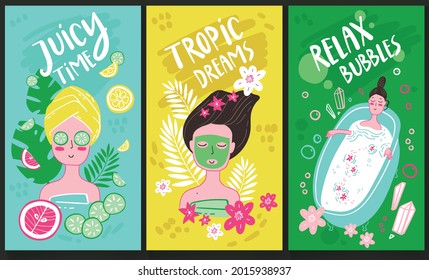Colección de carteles de doodle SPA en casa, banners listos con letras a mano. Ilustraciones vectoriales en un estilo ingenuo y bonito