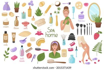 Home spa, a large set for face and body. Girls, towels, cosmetics, dried flowers, skin care cream. Candle, brush, oil, lotion in jars and tubes. Vector illustration isolated on a white background.