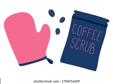 Home spa tools. Coffee scrub and brush for body anti cellulite massage. Modern doodle style vector illustration isolated on white background. 