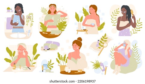 Tratamientos de spa en casa y cuidado facial de la piel ilustran el vector. Caricatura de chicas guapas usando productos cosméticos, mascarilla, loción, crema y limpiadores aislados. Probar blog de cosméticos, reseñas, influenciador.