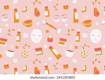 Home spa and wellness seamless pattern on light pink background. Orange red design for beauty salon wallpaper, relaxation brochure, self-care products packaging. Therapy and skincare concept.