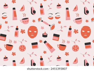 Patrón de spa y bienestar sin fisuras en el fondo rosa claro. Diseño para Fondo de pantalla de salón de belleza, folleto de relajación, embalaje de productos de autocuidado. Terapia holística y cuidado de la piel.