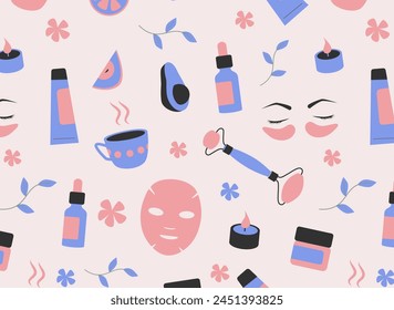 Patrón de spa y bienestar sin fisuras en el fondo rosa claro. Diseño para Fondo de pantalla de salón de belleza, folleto de relajación, embalaje de productos de autocuidado. Terapia holística y cuidado de la piel.