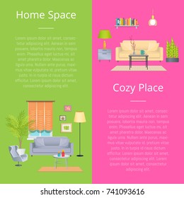Home space and cozy place posters with additional text and icons of sofa and table, plant and carpet, pictures on wall vector illustration