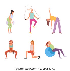 Home sport exercise woman isolated set. Vector graphic design illustration