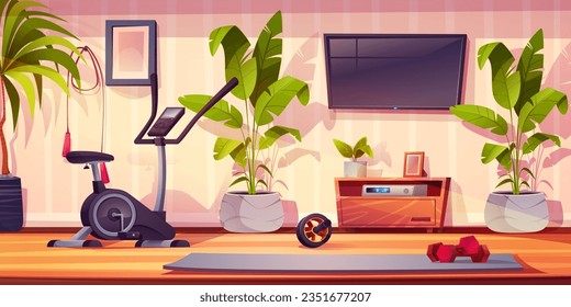 Home sport and fitness gym cartoon vector interior. Exercise room for workout with jump rope, mat and elliptical trainer equipment. Dumbbell and wheel roller for apartment indoor aerobic design