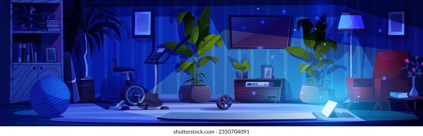 Home sport gym interior at night cartoon vector background. Fitness exercise equipment in dark house room with tv and tablet. Indoor gymnasium studio for muscle workout with mat, wheel and bike