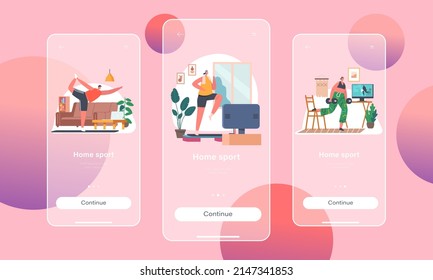 Home Sport Mobile App Page Onboard Screen Template. Fitness, Healthy Lifestyle, Workout. Men and Women Characters Doing Stretching or Yoga Exercises at Home Concept. Cartoon People Vector Illustration
