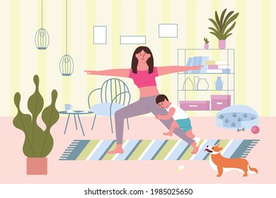 Home sport mother flat composition with indoor home scenery and mother with son hanging on leg vector illustration