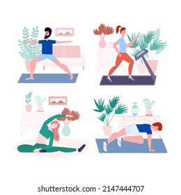 Home sport training set. People fitness activity in room, woman and man doing physical exercises yoga and gymnastics at home. Flat style sport illustration. 