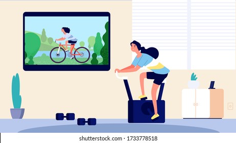 Home Sport. Woman Training In Living Room. Cycling On TV, Girl On Exercise Bike. Online Video Sports Lesson Vector Illustration