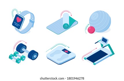 Home sport workout equipment and gadgets isometric vector icons. Barbells, sports exercise treadmill, yoga mat, smart watch with app, weight scales and fit ball isolated on white background 3d set