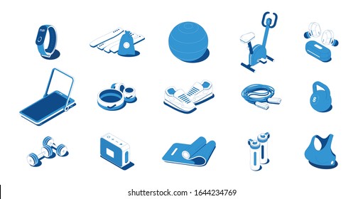 Home Sport Workout Equipment Sportswear Gadgets Blue Isometric Icons Set With Barbells Sneakers Exercise Bike Vector Illustration 