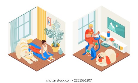 Home sports - modern vector colorful isometric illustration. Two nice living areas, apartment design, yoga and exercise bike, calm evening at home with cat and dog. Happy time and rest idea