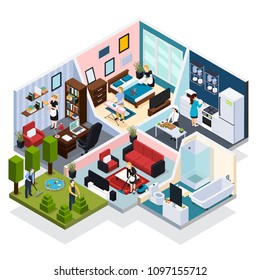 Home staff performing routine work indoor and outdoor with maid gardner chef isometric  vector illustration  