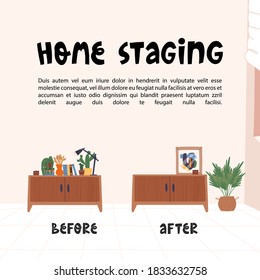 Home Staging Before And After Example Banner Template. On The Left Before, A Cabinet Cluttered With Vases, Plants, Books, And On The Right After, A Neutral Art Poster, Candle, Palm In Wicker Basket.