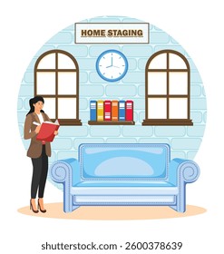 Home staging concept. Woman in a chic Home planning home staging, featuring elegant furniture and modern decor. Flat vector modern illustration 