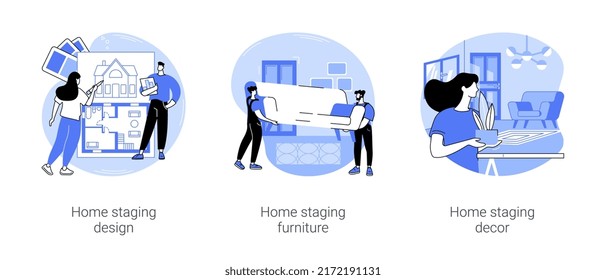 Home staging isolated cartoon vector illustrations set. Create real estate interior design project, home stager puts furniture in apartment, placing last decor details in apartment vector cartoon.