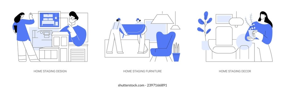 Home staging isolated cartoon vector illustrations set. Create real estate interior design project, home stager puts furniture in apartment, placing last decor details in apartment vector cartoon.