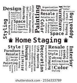 Home Staging Word Cloud with House Icon in the Background - Black and White