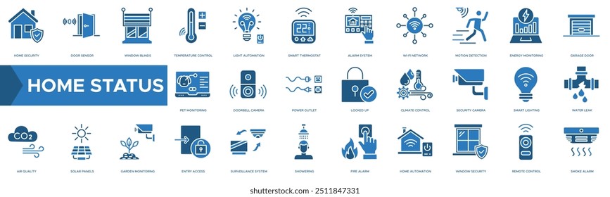 Icono de Estado casero. Seguridad en el hogar, sensor de puerta, persianas de ventana, control de temperatura y automatización de luz