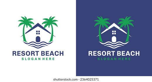 Home stay or hotel logo design template. Tropical beach with palm tree design graphic vector illustration. Symbol, icon, creative.