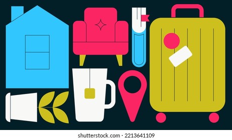 Home staycation flat illustration. House with plant, chair, tea cup, book locator sign and luggage. Vacation at home, free time, leisure concept. Simple colourful cartoon design