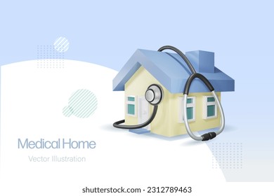 Home with stethoscope. Medical house, home inspection or family insurance concept. To inspect and diagnosis home health. 3D vector.