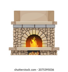 Home Stone Fireplace With Flame And Wood Chunks. House Interior Design Element, Classic Open Hearth Vector Fireplace Made Of Stone, Bricks And Marble Or Concrete Mantel, Logs In Firewood Storage