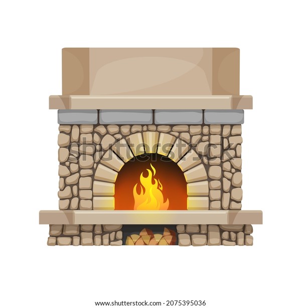 Home stone fireplace with flame and wood chunks.\
House interior design element, classic open hearth vector fireplace\
made of stone, bricks and marble or concrete mantel, logs in\
firewood storage
