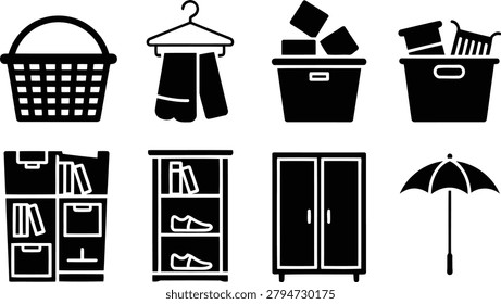 Home storage icon collection with baskets shelves closets organization elements