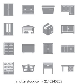 Iconos de almacenamiento en el hogar. Diseño plano gris. Ilustración vectorial.