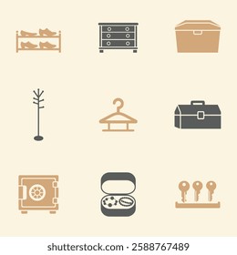 Home Storage and Organization Items Icons Set. Editable vector icon. Perfect for web and app interfaces, presentations, info graphics, etc. in a Beige and Gray Color Scheme.
