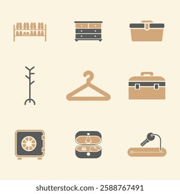 Home Storage and Organization Items Icons Set. Editable vector icon. Perfect for web and app interfaces, presentations, info graphics, etc. in a Beige and Gray Color Scheme.
