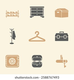 Home Storage and Organization Items Icons Set. Editable vector icon. Perfect for web and app interfaces, presentations, info graphics, etc. in a Beige and Gray Color Scheme.
