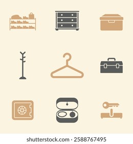 Home Storage and Organization Items Icons Set. Editable vector icon. Perfect for web and app interfaces, presentations, info graphics, etc. in a Beige and Gray Color Scheme.
