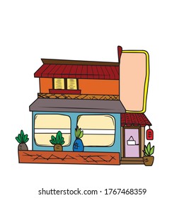 Home store vector illustration of front view with the roof. Modern. Facade of the house with doors and Windows