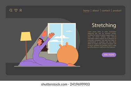 Home stretching illustration. Joyful woman stretches in a sunlit room, a moment of wellness in a home workout setting. Encouraging daily movement and flexibility. Flat vector illustration.