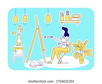 Home studio flat silhouette vector illustration. Woman sit beside easel and paint artwork. Craft for recreation, Female artist outline character on turquoise background. Hobby simple style drawing