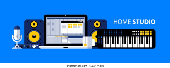 Home studio illustration. Laptop with DAW, synthesizer, studio monitors, microphone. Recording, arranging, mixing.