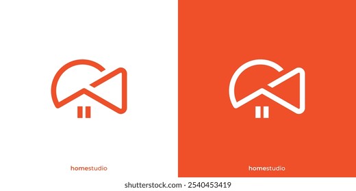 Home Studio Logo. Home and Abstract Play Buttons with Lineart Outline Style. Home Play Logo, Icon, Symbol, Vector, Design inspiration.