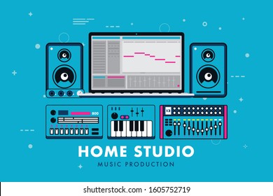 Home studio music production. Vector illustration of a small electronic music production setup, with synth, drum machine, mixer, speakers and midi music creator software.