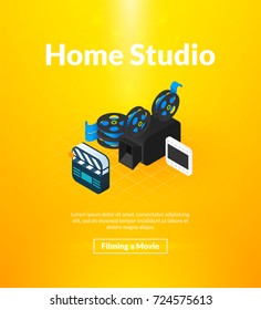 Home studio poster of isometric color design, movie macking concept vector illustration for web banners and printed materials, vertical portrait orientation