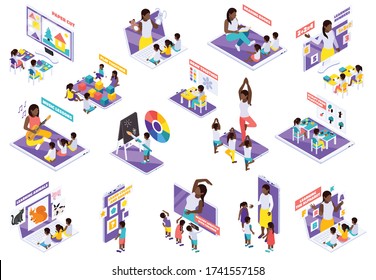 Home study big isometric set with kindergarten gym  nature arithmetic drawing reading distant learning online vector illustration  