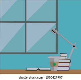 Home study with books and cup of coffee. Can use for web banner, infographics. Flat vector illustration,