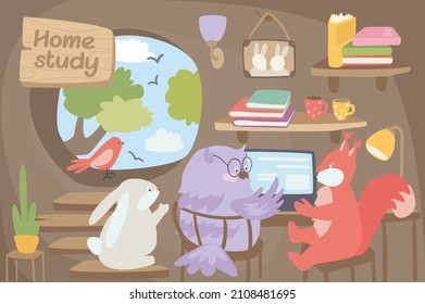 Home study concept background. Cute animals learns online. Owl, squirrel and rabbit are watching video lesson on laptop. E-education and distance learning. Vector illustration in flat cartoon design