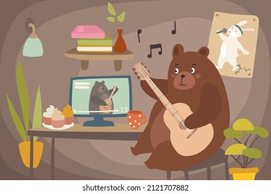 Home study concept background. Cute animals learns online. Owl, squirrel and rabbit are watching video lesson on laptop. E-education and distance learning. Vector illustration in flat cartoon design