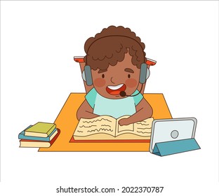 Home Study and Distance Learning with African American Boy In Front of Tablet PC Training and Doing Homework Vector Illustration