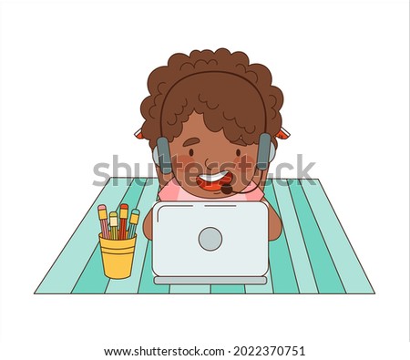 Home Study and Distance Learning with African American Girl In Front of Tablet PC Training and Doing Homework Vector Illustration